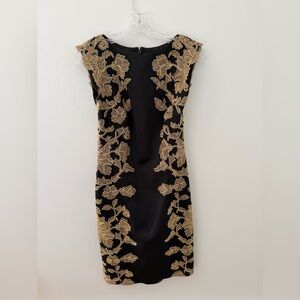 Tadashi Shoji Black Dress with Gold Floral Design